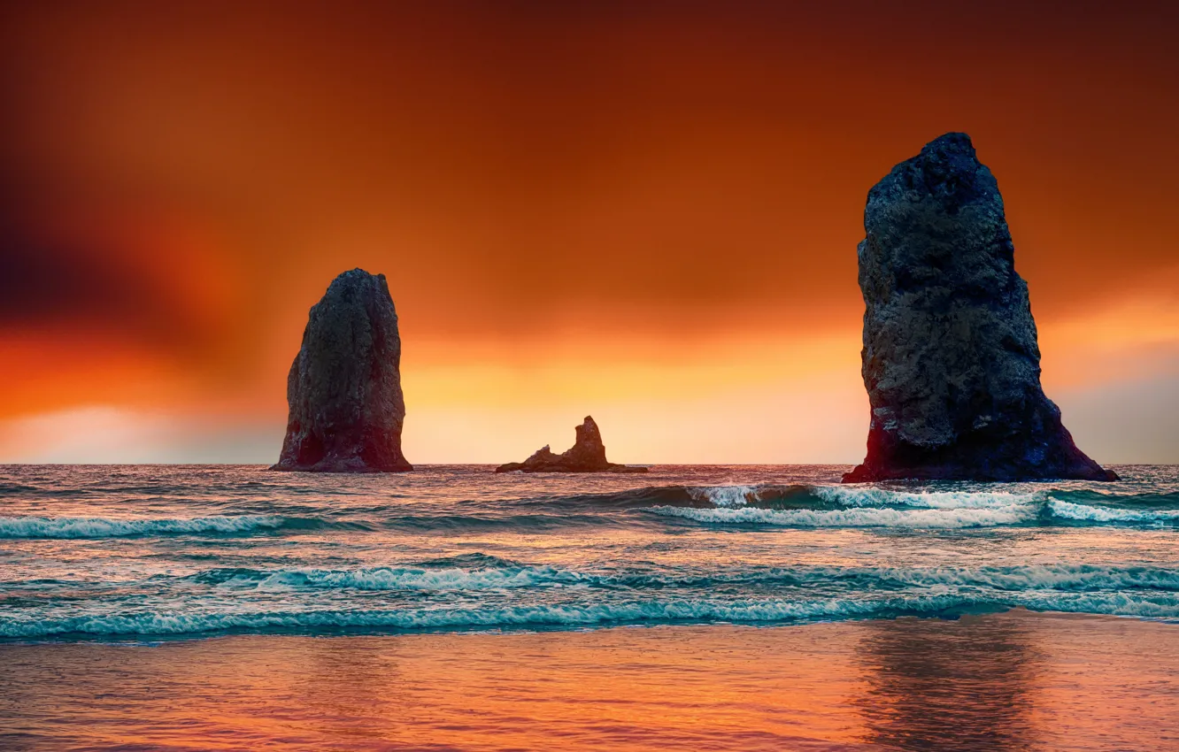 Photo wallpaper sea, sunset, rocks, shore