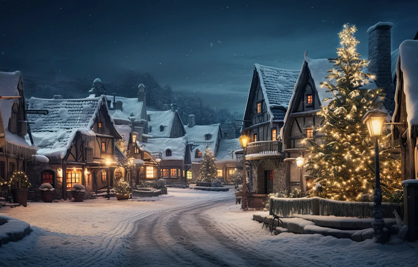 Photo wallpaper winter, snow, decoration, night, the city, lights, street, tree