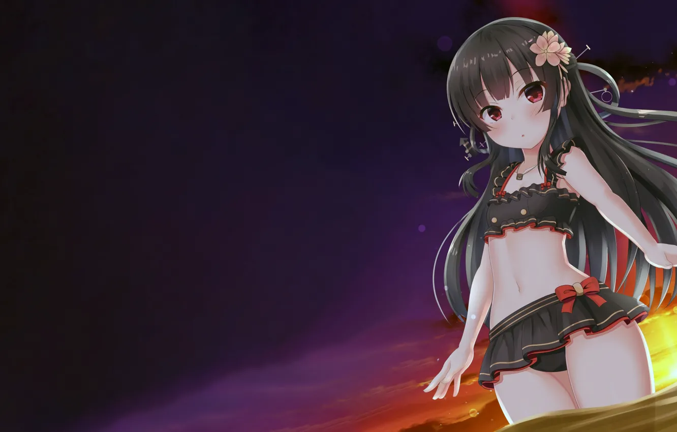 Photo wallpaper girl, beach, flower, long hair, sea, sunset, anime, water