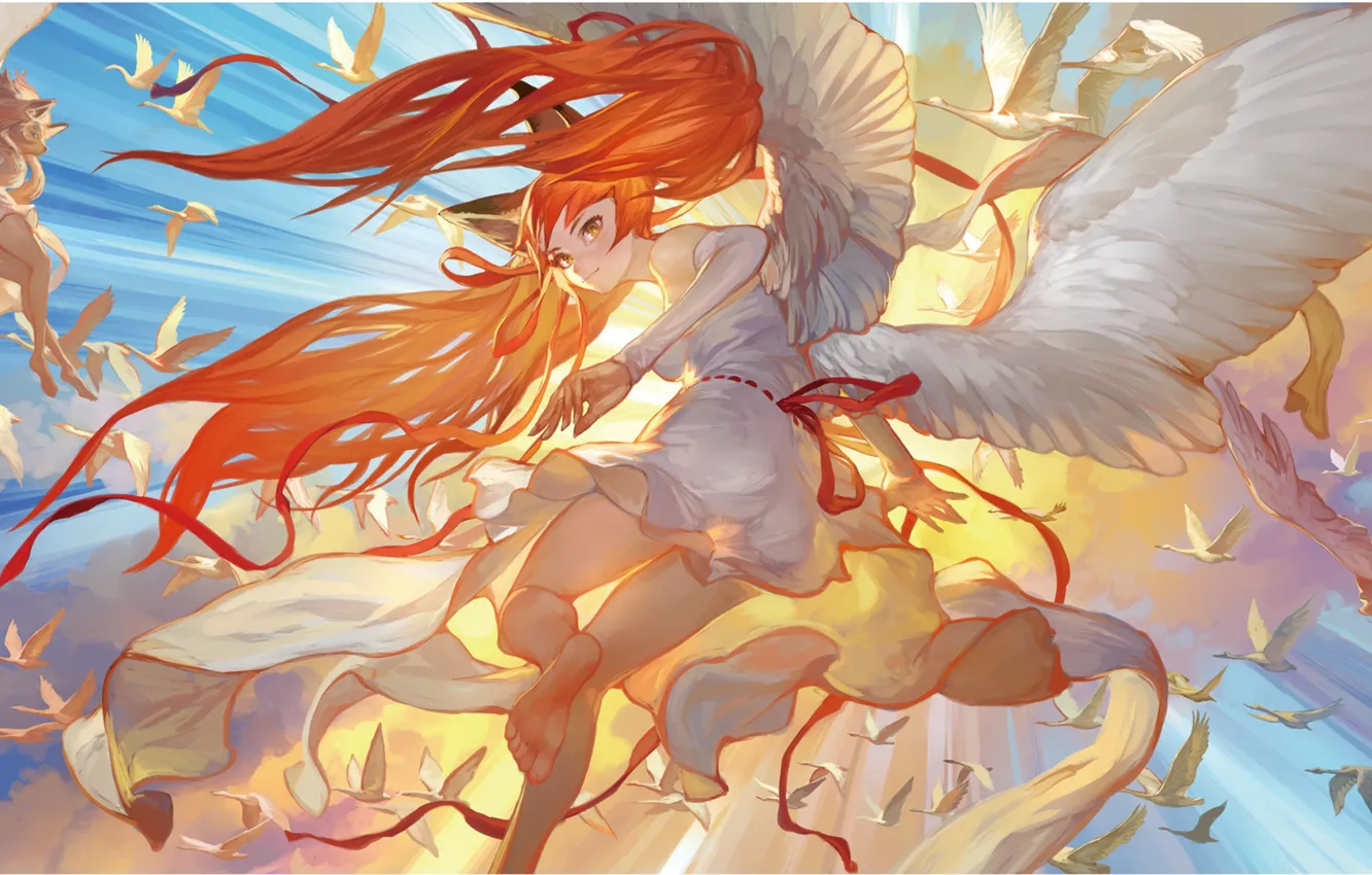 Photo wallpaper birds, girls, wings, anime, feathers, art, ears, takayama toshiaki