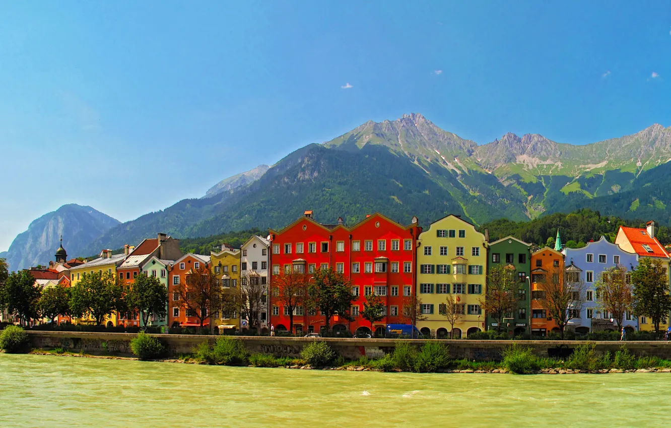 Photo wallpaper mountains, the city, river, photo, home, Austria, Innsbruck