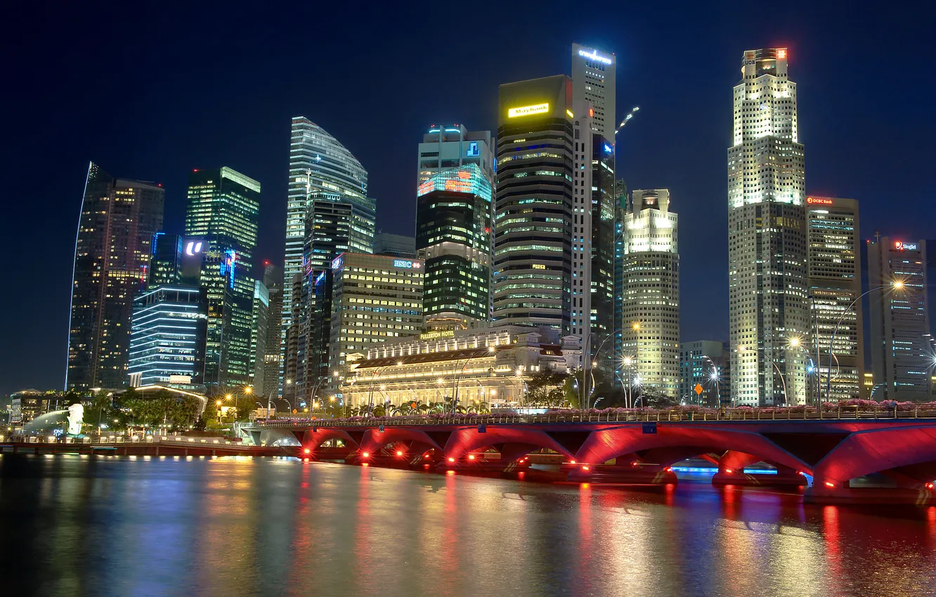 Photo wallpaper night, bridge, city, Singapore, skyscrapers, Singapore, mega, policy