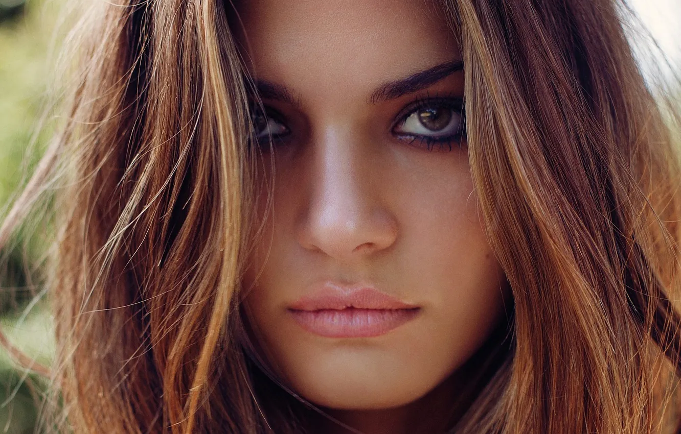 Photo wallpaper eyes, girl, face, lips, eyebrows, brown hair