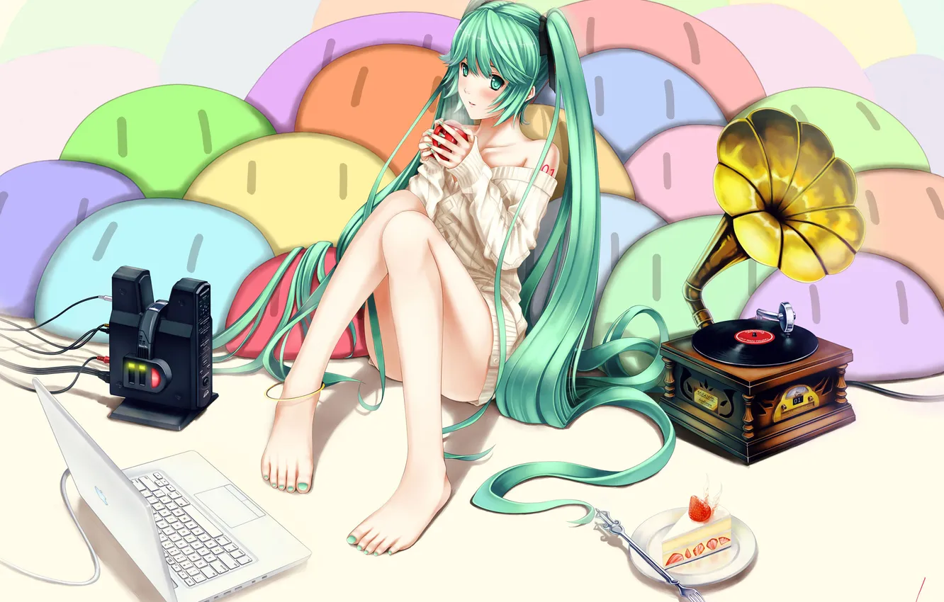 Photo wallpaper laptop, vocaloid, hatsune miku, gramophone