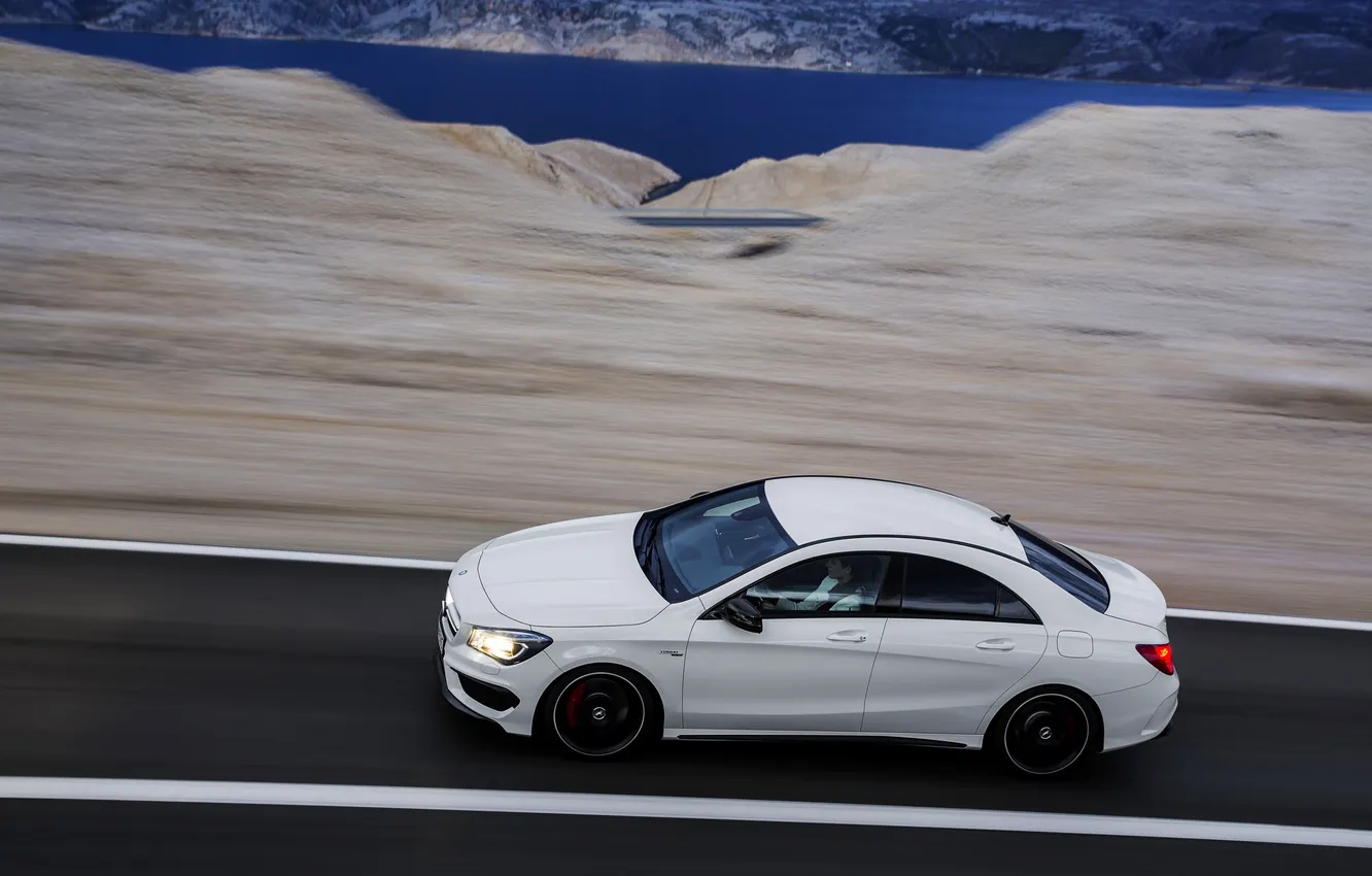 Photo wallpaper road, machine, white, Mercedes-Benz, sedan, in motion, AMG, CLA45