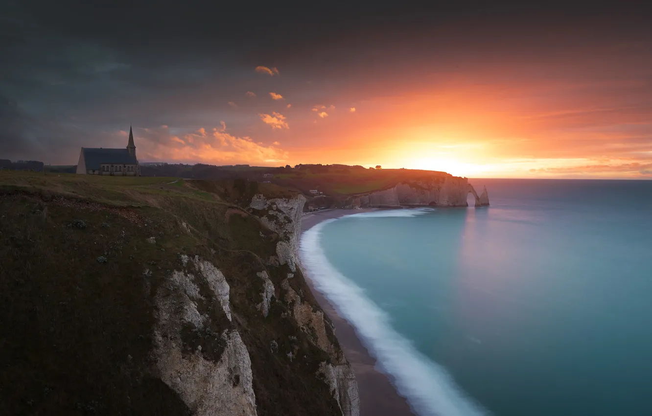 Photo wallpaper sea, sunset, shore, Church