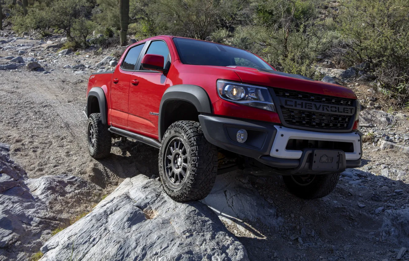 Photo wallpaper red, stones, Chevrolet, the hood, pickup, Colorado, 2019, ZR2 Bison