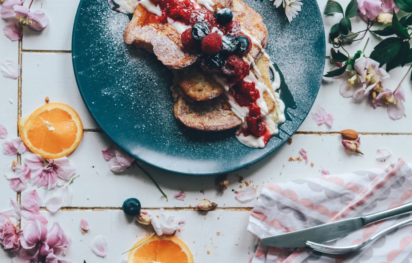 Photo wallpaper berries, food, plate, dessert, jam, powdered sugar, sandwiches