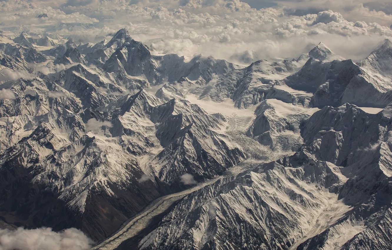 Photo wallpaper clouds, mountains, stream, glacier