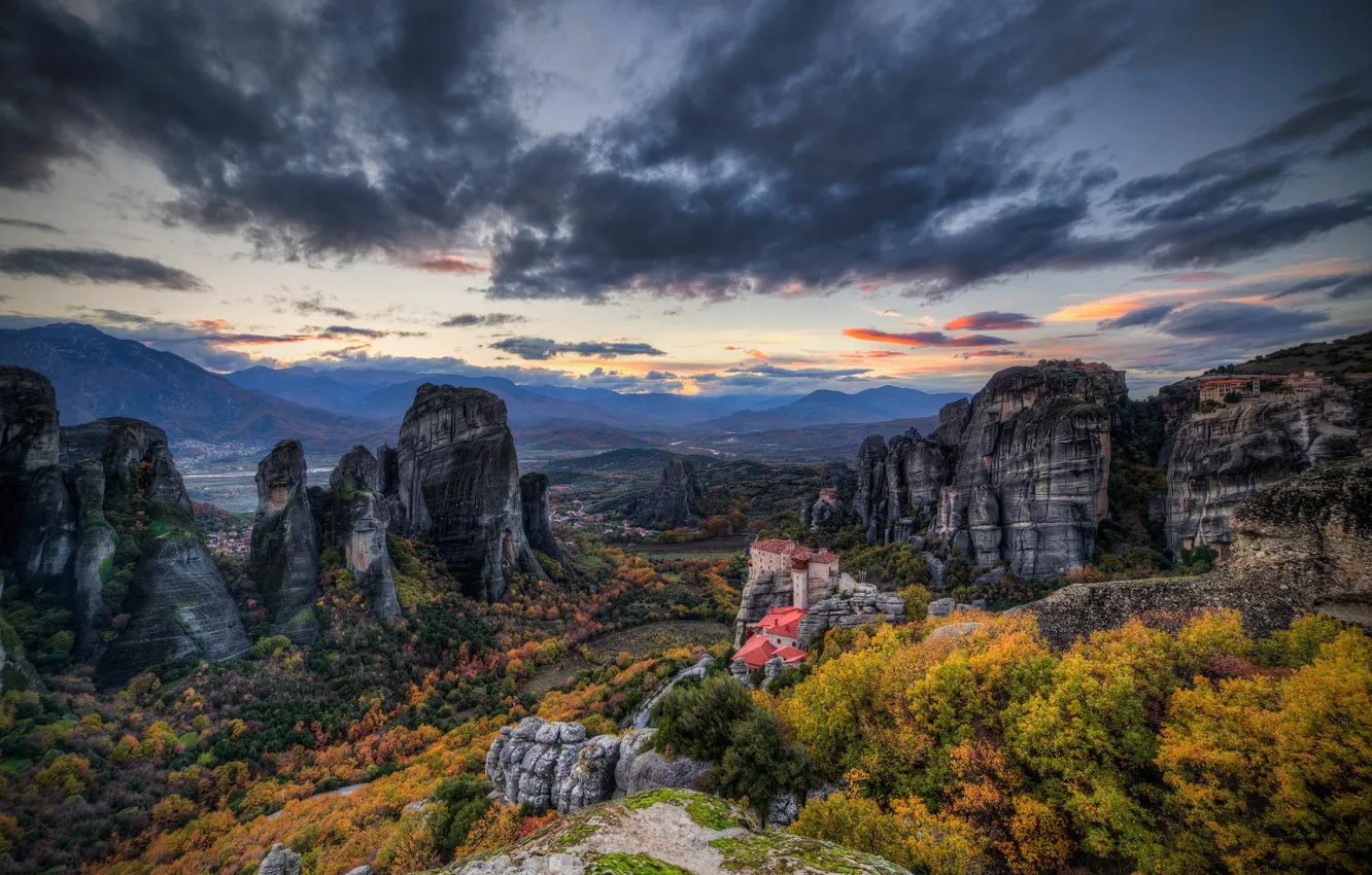 Photo wallpaper landscape, mountains, nature, castle, morning