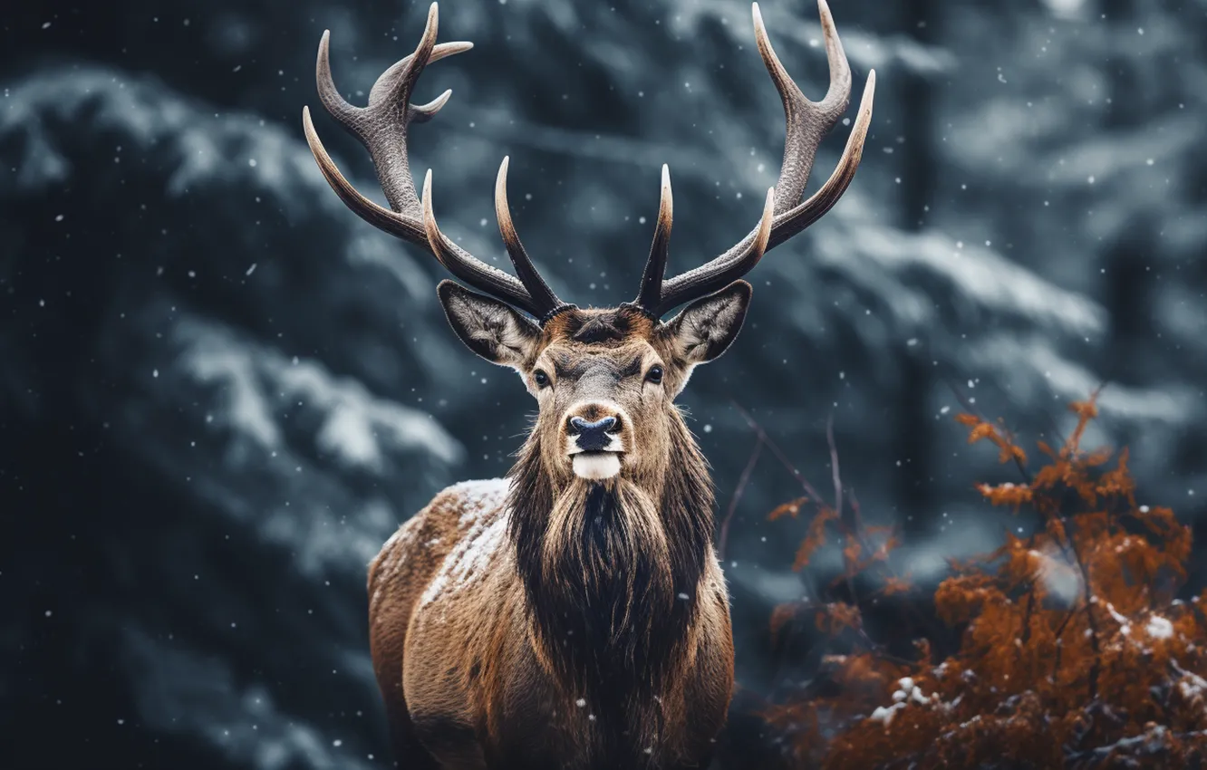 Photo wallpaper winter, forest, snow, nature, deer, AI art, neural network
