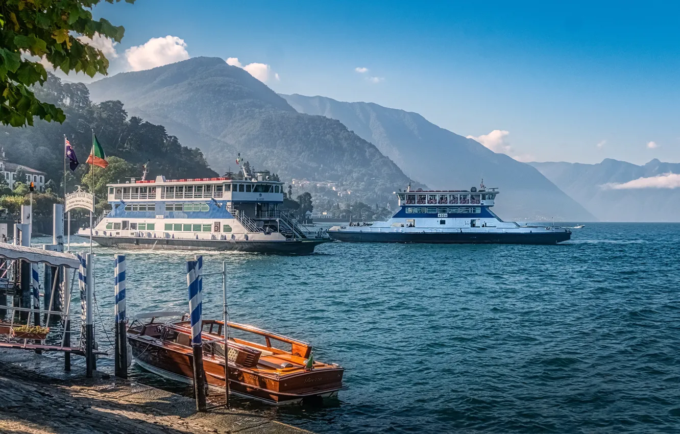 Photo wallpaper mountains, lake, boat, pier, boat, Italy, court, Bellagio