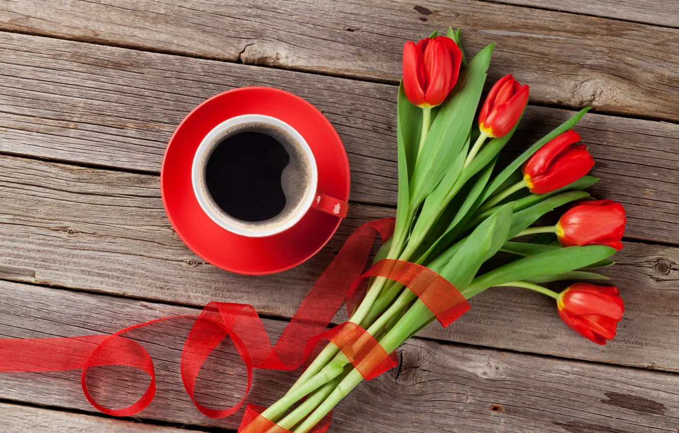 Photo wallpaper love, flowers, gift, coffee, bouquet, Cup, tulips, red