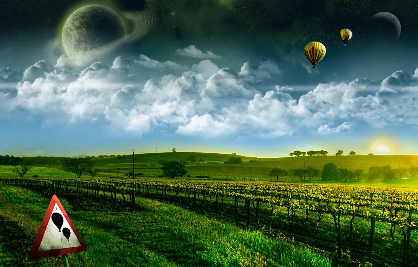 Photo wallpaper greens, dream, space, flight, here wishes come true, balloons