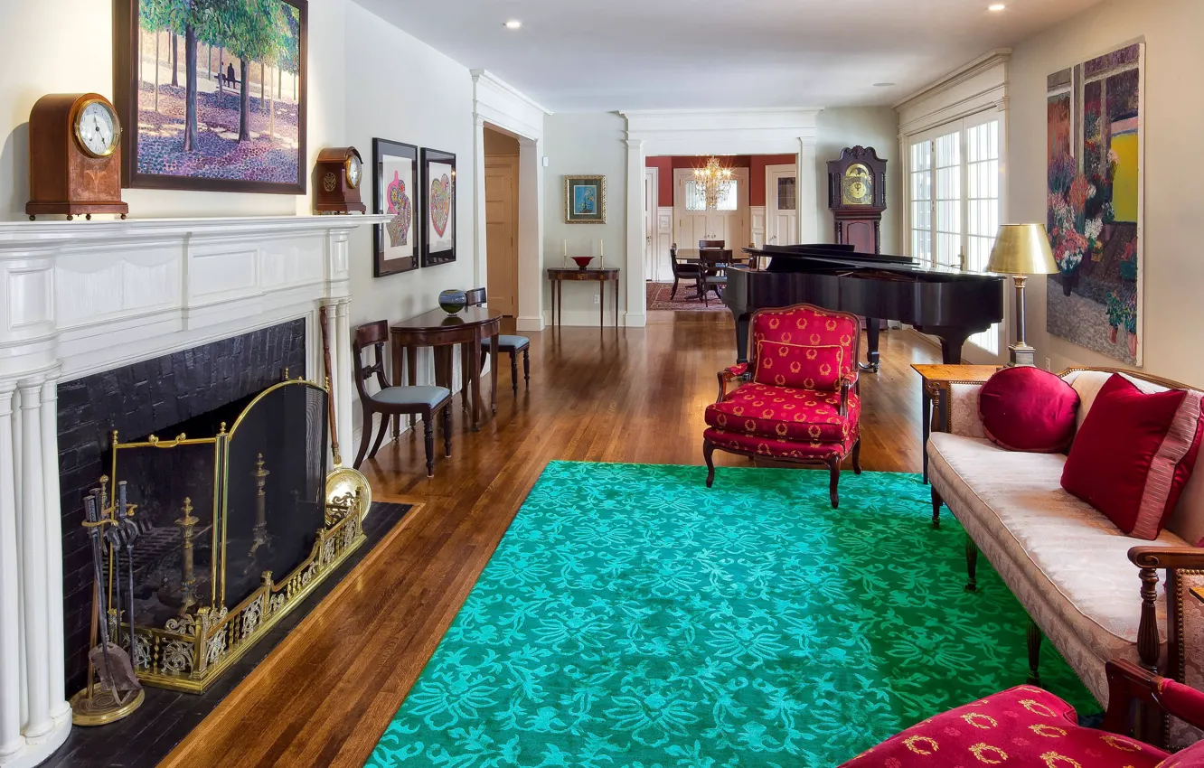 Photo wallpaper design, style, interior, piano, fireplace, living room, Neoclassical Home, by Pinneo Construction