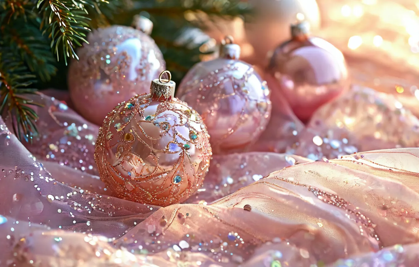 Photo wallpaper decoration, new year, pink, Christmas decorations, mother of pearl