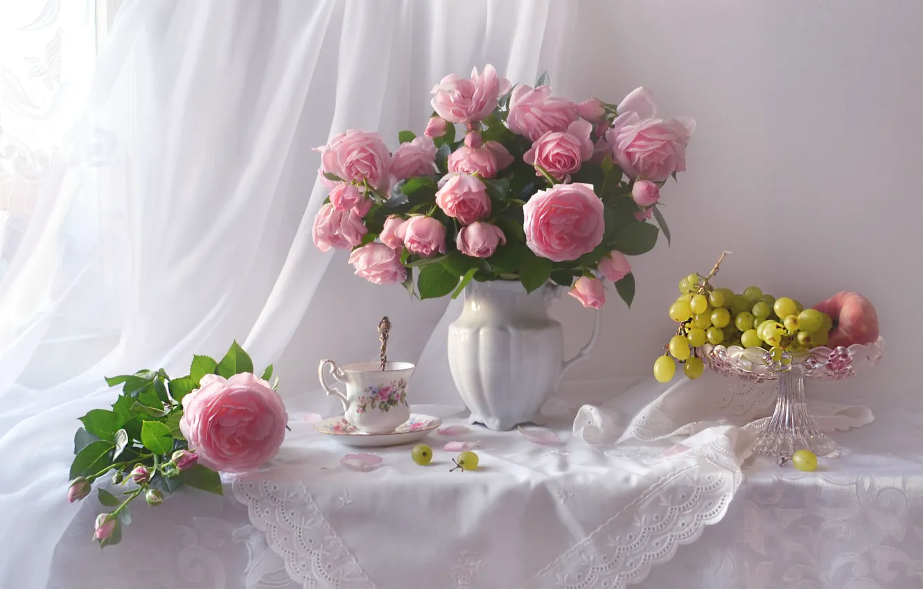 Photo wallpaper flowers, style, roses, bouquet, grapes, pink, fruit, still life