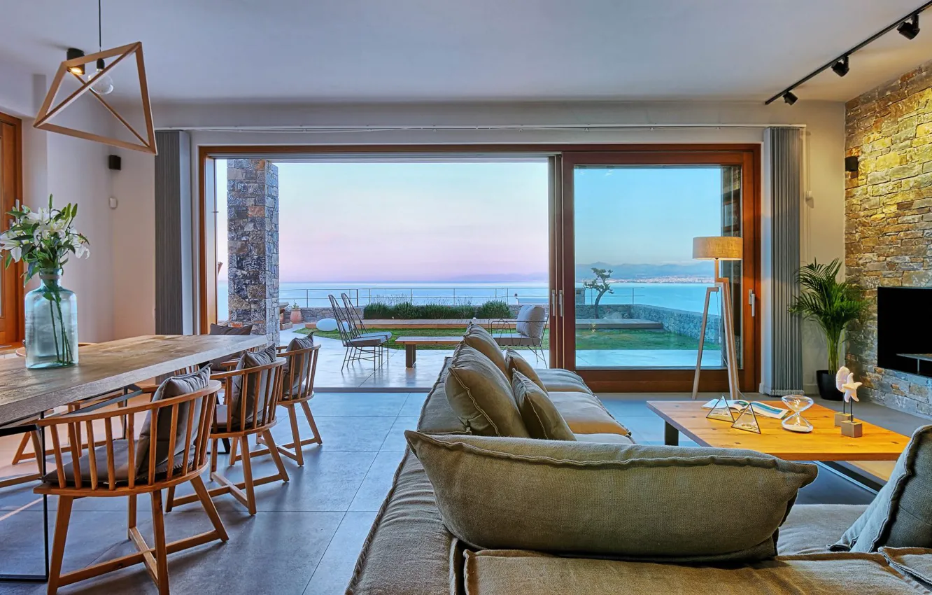 Photo wallpaper design, style, interior, Greece, fireplace, living room, dining room, luxury villa