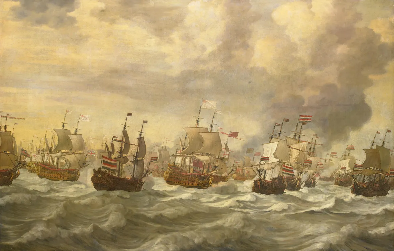 Photo wallpaper sea, ship, oil, picture, sail, canvas, Episode Four-Day Battle, Willem van de Velde the Younger