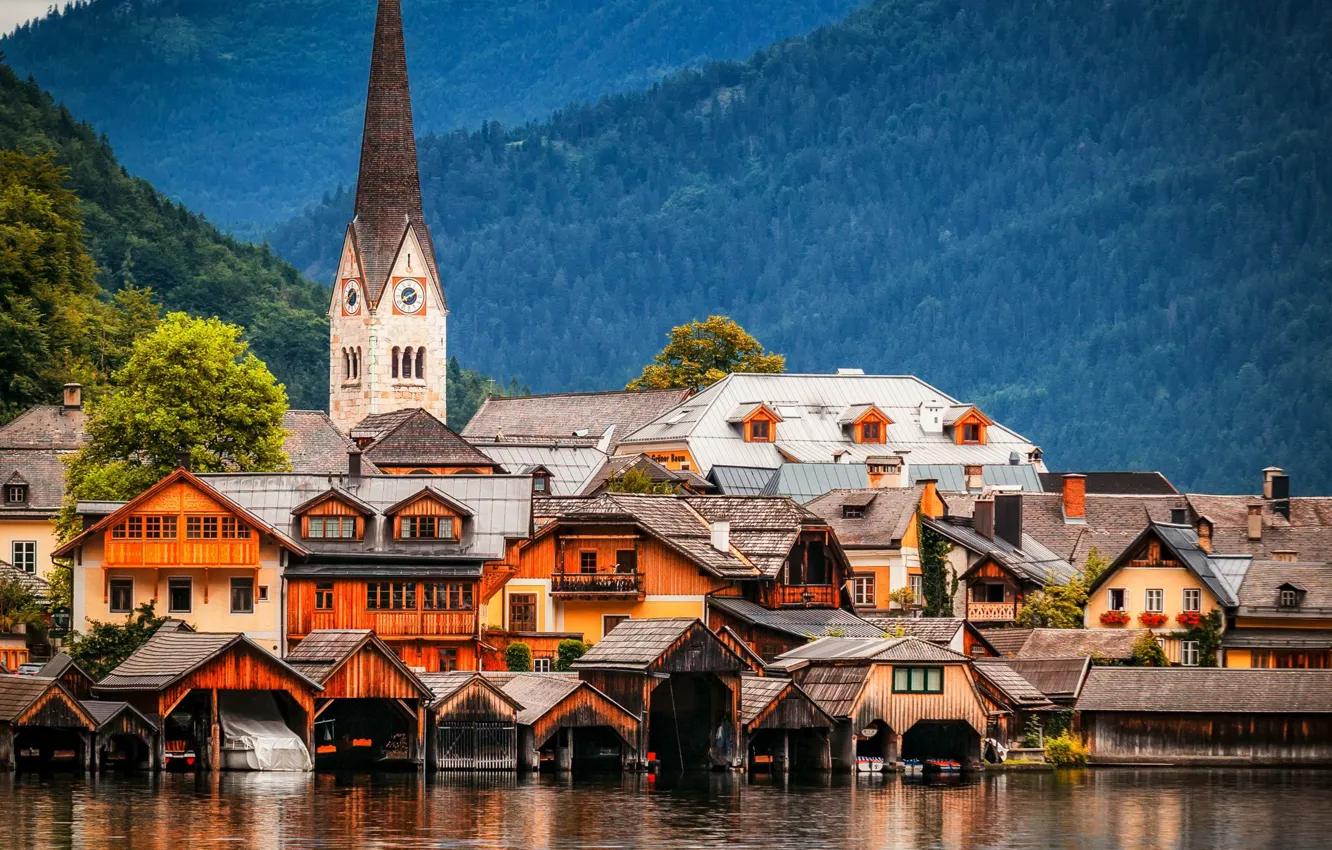 Photo wallpaper mountains, lake, building, home, Austria, Church, Austria, Hallstatt