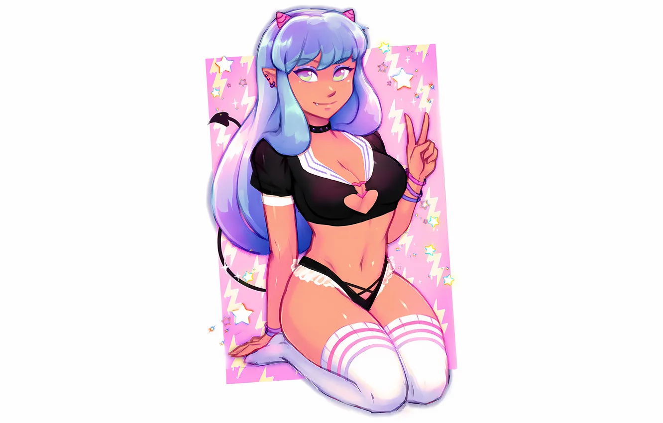 Photo wallpaper girl, sexy, lingerie, cleavage, blouse, panties, thighhighs, horns