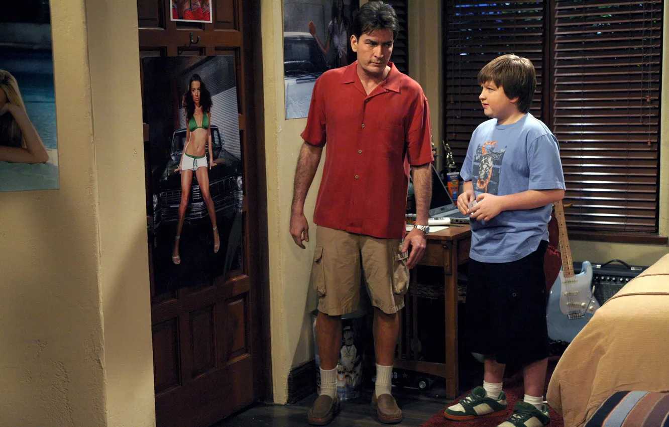 Photo wallpaper the series, actors, characters, Charlie Sheen, Jake Harper, Charlie Harper, Two and a half men, …