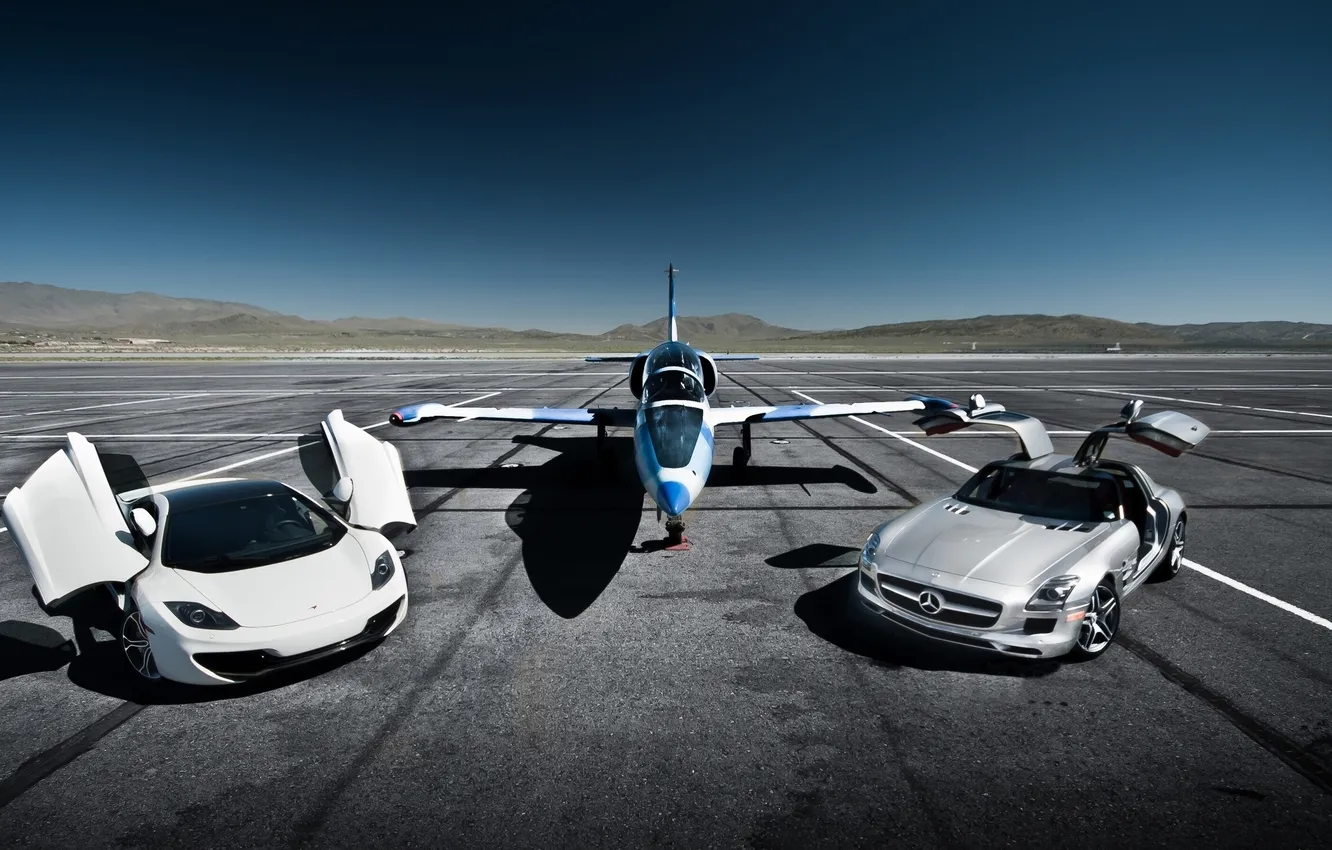 Photo wallpaper the plane, McLaren MP4-12C, Mercedes-Benz SLS AMG, Aero L-39 Albatros