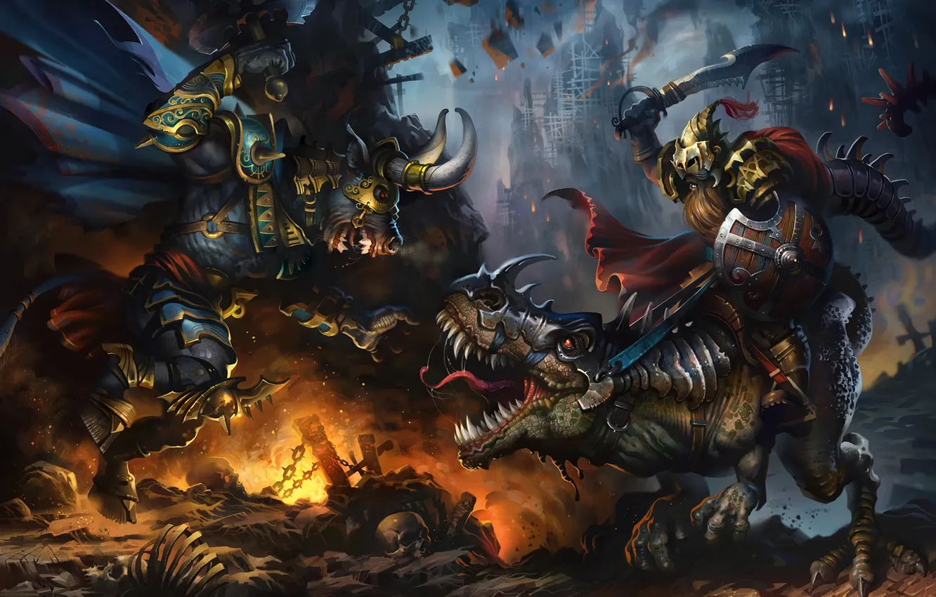 Photo wallpaper dinosaur, sword, shield, the Minotaur, battle