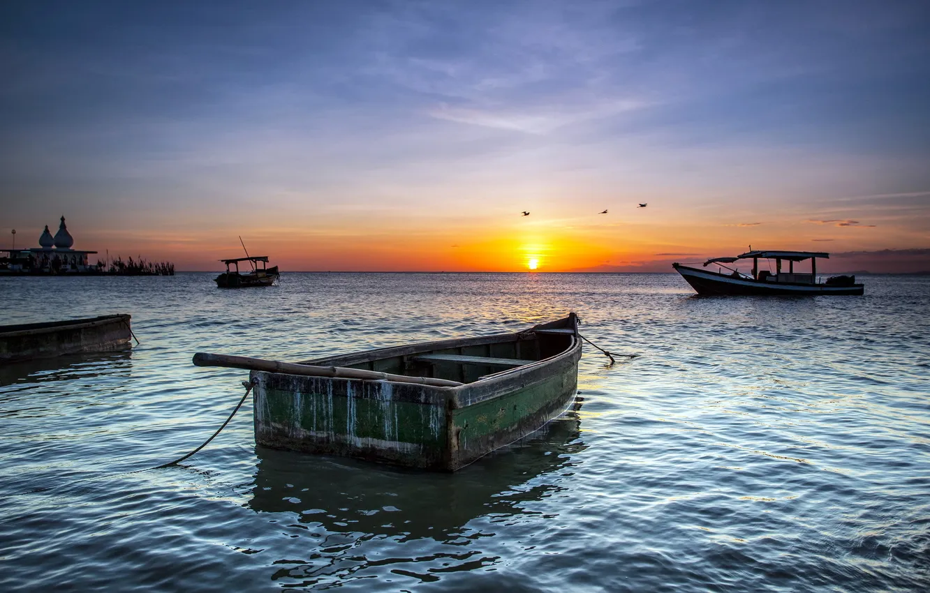 Photo wallpaper sunset, nature, lake, boat