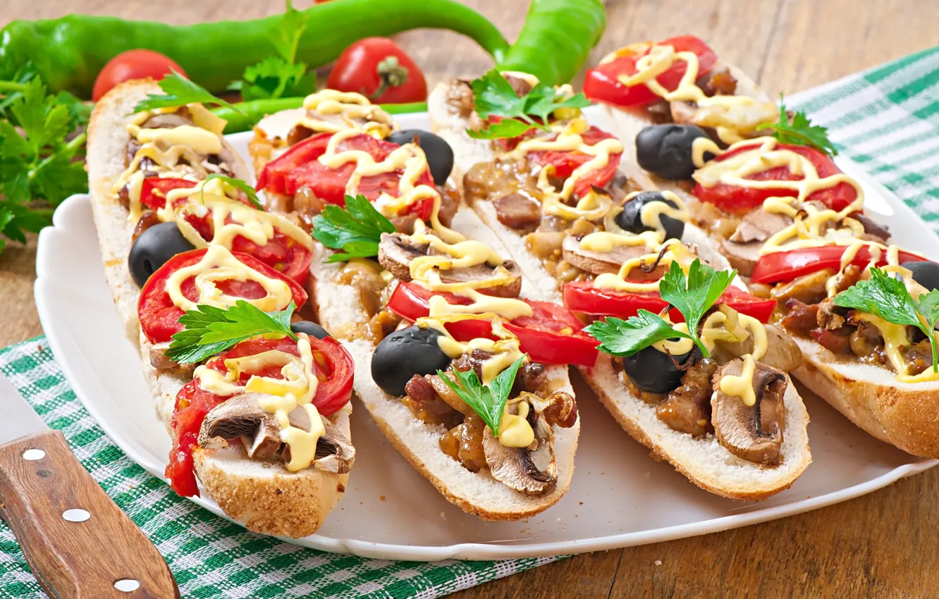 Photo wallpaper mushrooms, cheese, sandwich, tomatoes, olives