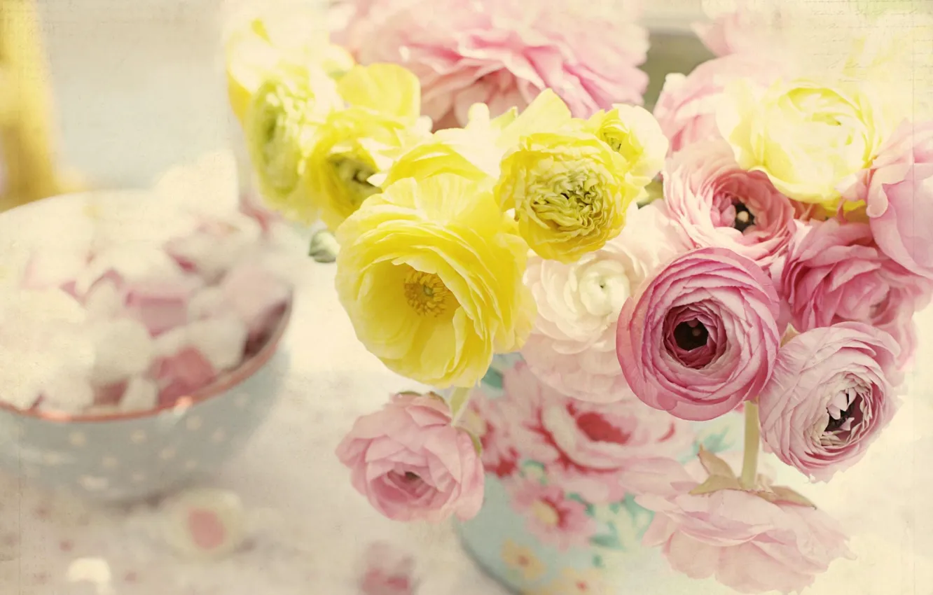 Photo wallpaper flowers, tenderness, vase, Ranunculus