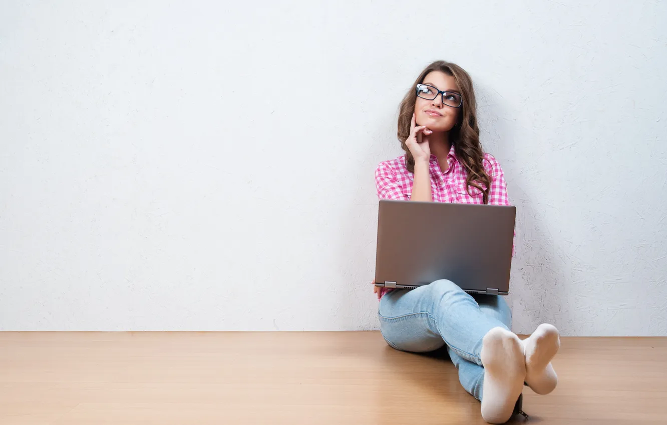 Photo wallpaper girl, glasses, laptop, thinking