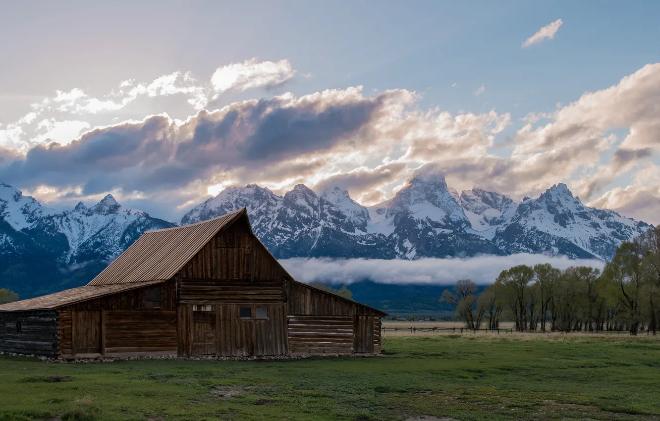 Photo wallpaper field, the sky, clouds, snow, trees, mountains, tops, home