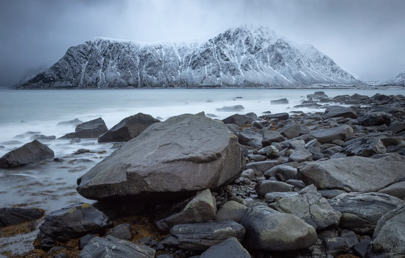 Photo wallpaper winter, sea, mountains, stones, shore, Iceland, snowy peaks