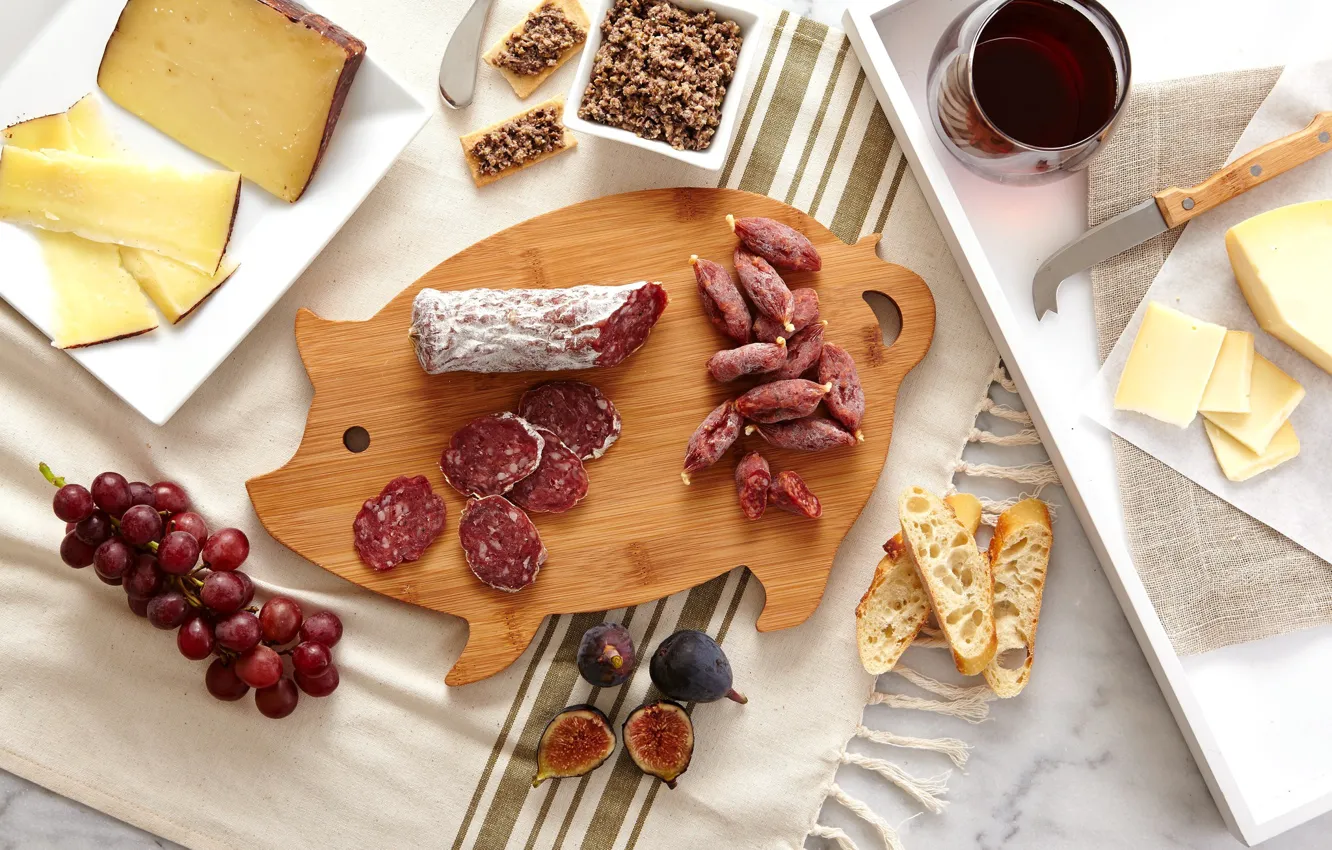 Photo wallpaper cheese, grapes, crackers, baguette, tray, red wine, sausages, figs