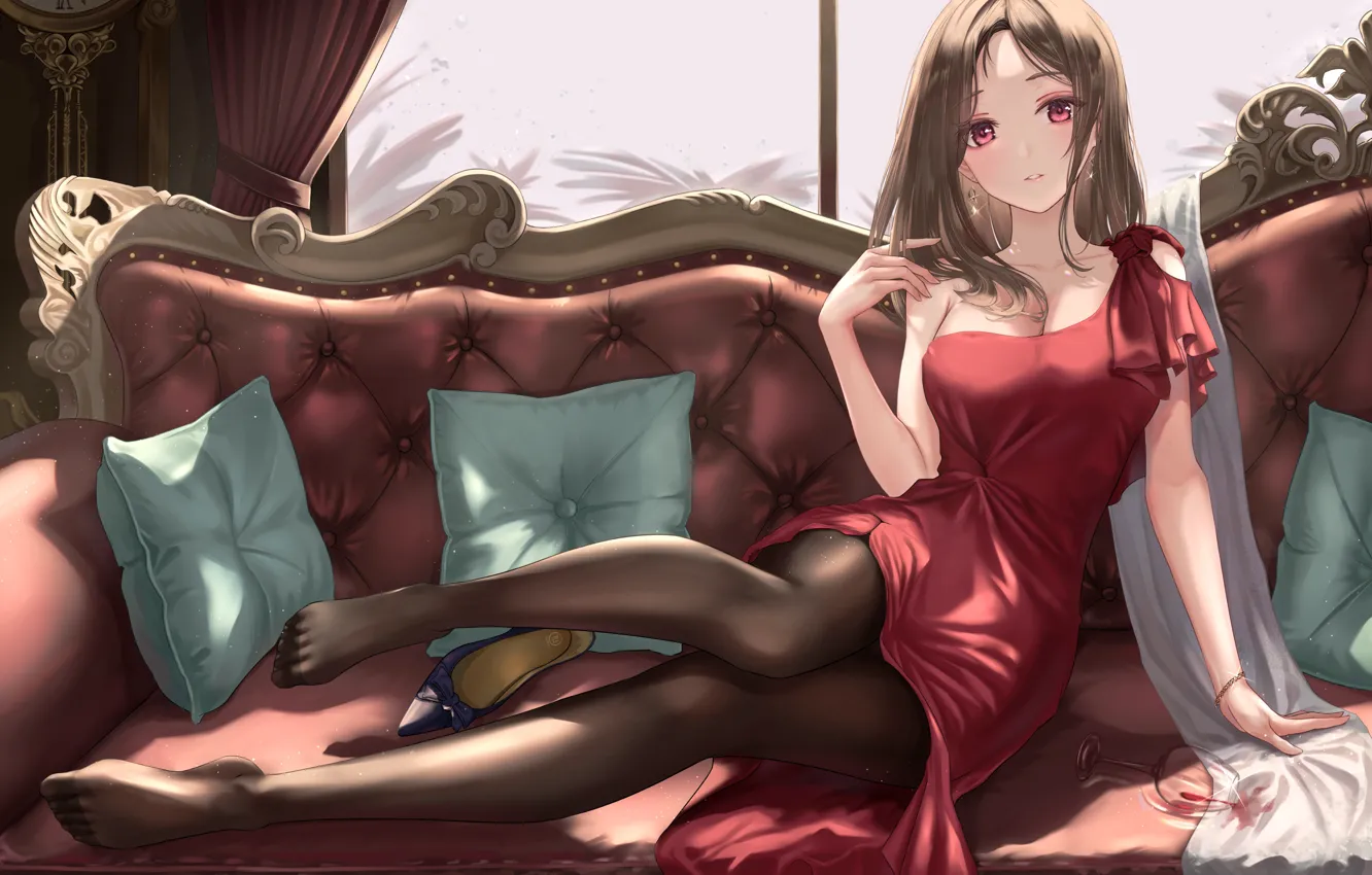 Photo wallpaper pillow, window, brown hair, beautiful girl, charm, Anime girl, dark tights, slender legs