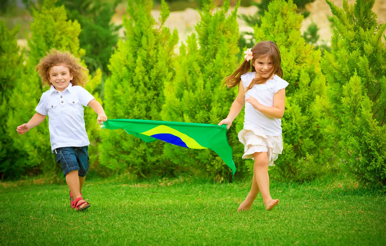 Photo wallpaper summer, football, boy, flag, running, girl