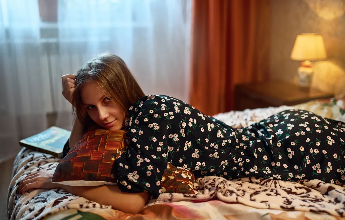 Photo wallpaper dress, model, women, window, brunette, bed, lamp, black dress