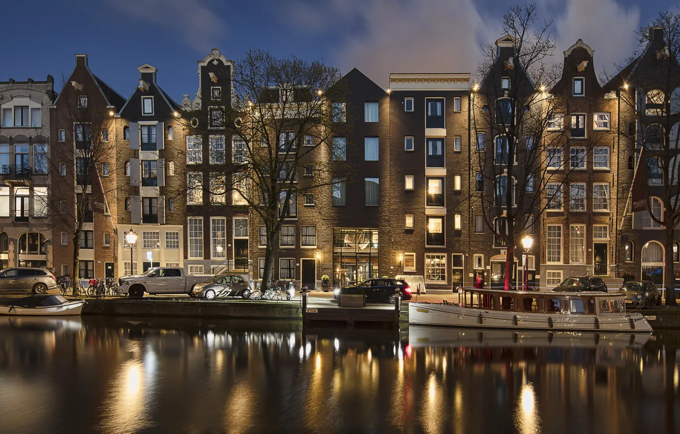 Photo wallpaper machine, night, the city, boat, building, lighting, Amsterdam, lights