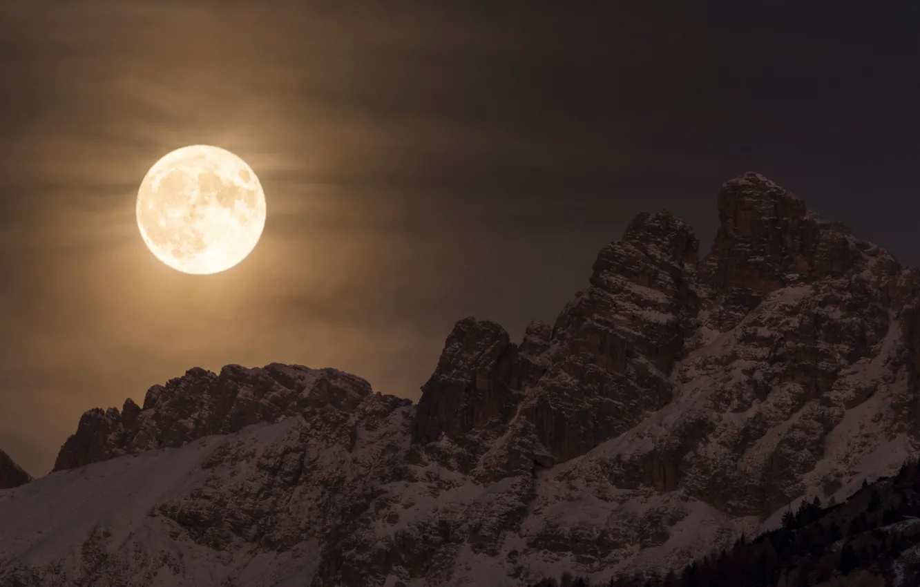 Photo wallpaper winter, snow, mountains, night, nature, rocks, the moon, Alps