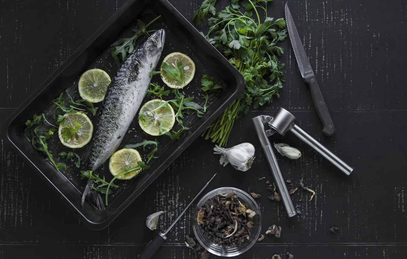 Photo wallpaper Greens, Lemon, Fish, garlic, Seasoning