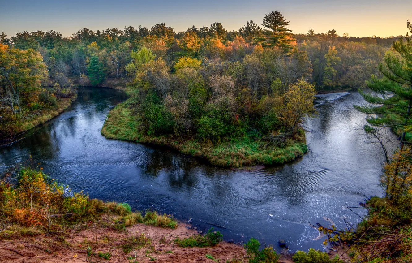 Photo wallpaper autumn, forest, trees, for, HDR, the evening, USA, river