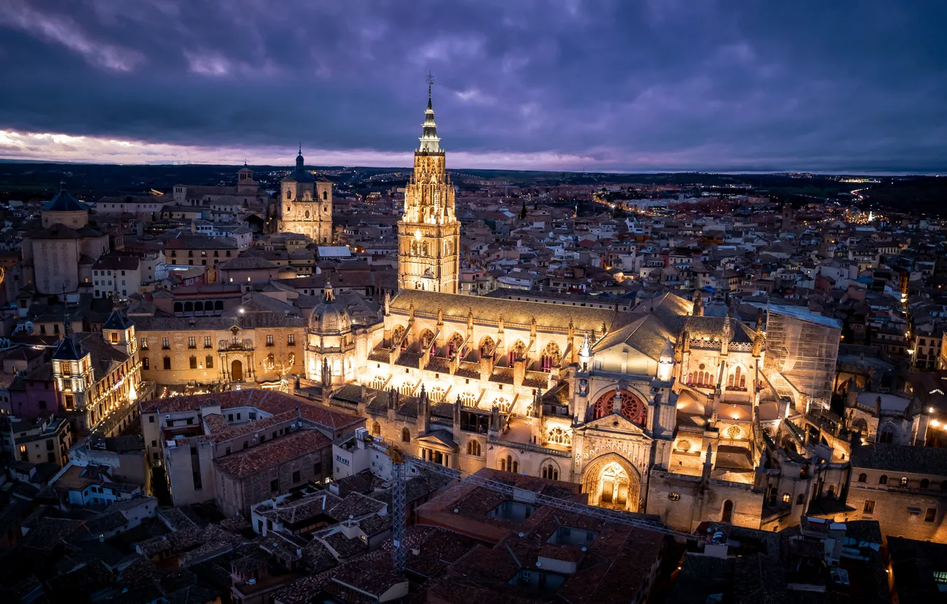 Photo wallpaper building, home, panorama, Cathedral, temple, night city, Spain, Toledo