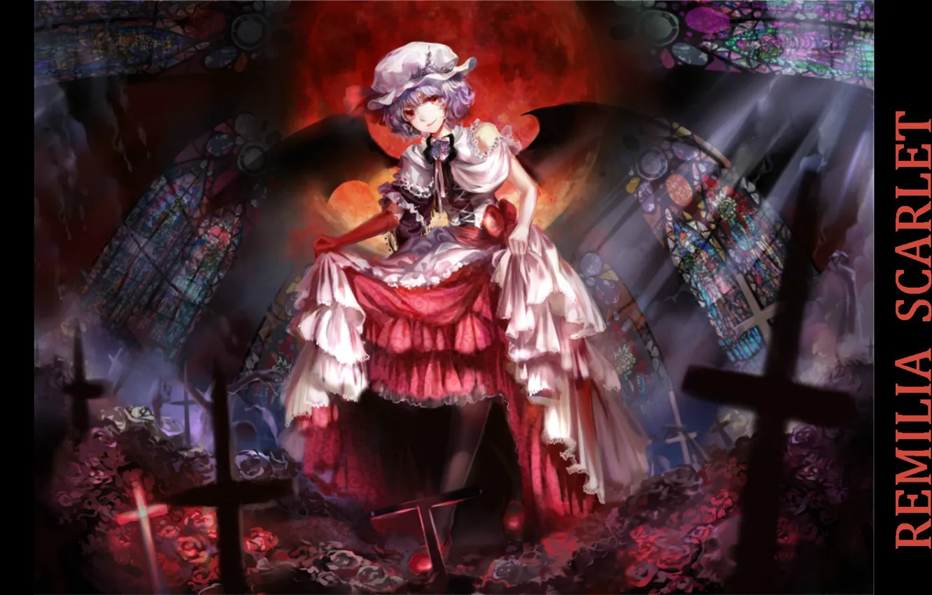 Photo wallpaper crosses, stained glass, red eyes, the crypt, vampire, Remilia Scarlet, blood Moon, project East