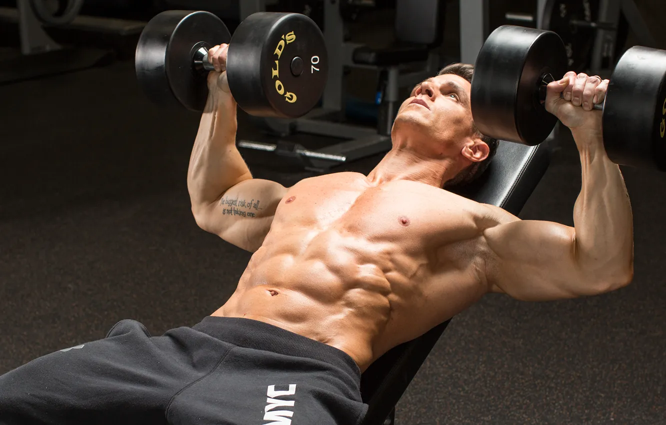 Photo wallpaper men, gym, dumbbells, weightlifter