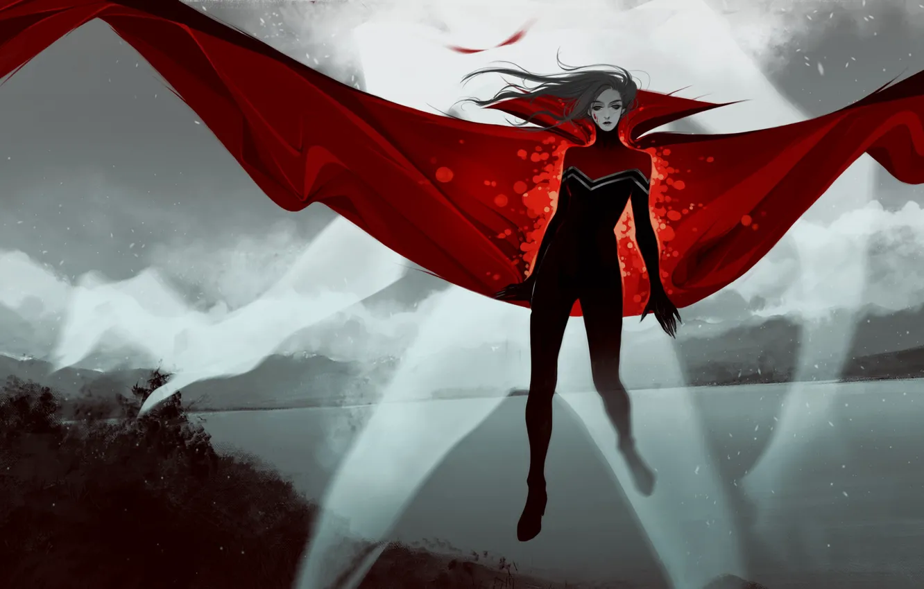 Photo wallpaper red, the wind, woman, hair, costume, MAG, cloak