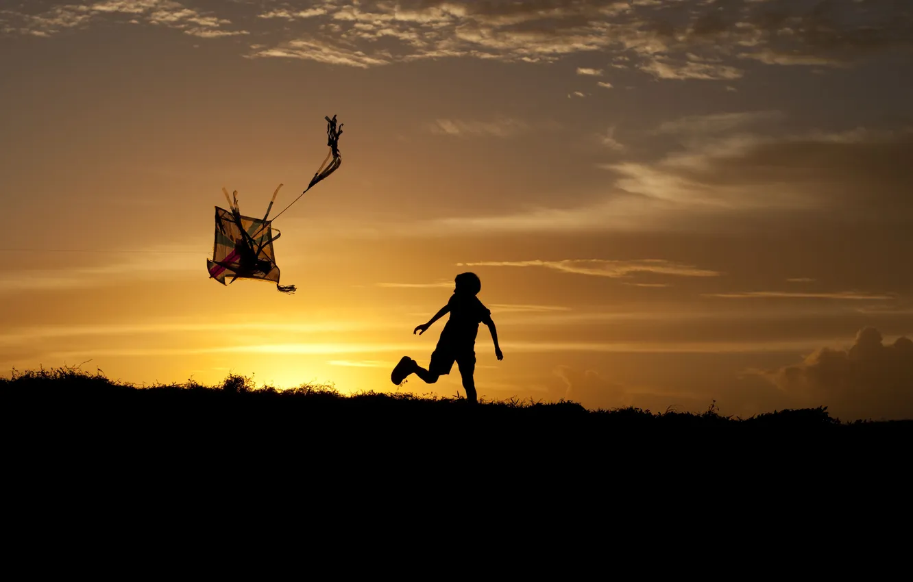 Photo wallpaper the sky, grass, the sun, clouds, sunset, childhood, the game, the evening