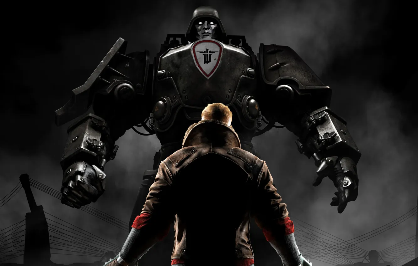 Photo wallpaper metal, smoke, robot, jacket, male, the protagonist, MachineGames, Wolfenstein: the New order