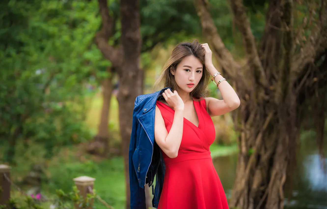 Photo wallpaper girl, hair, dress, jacket, brown hair, in red, bokeh