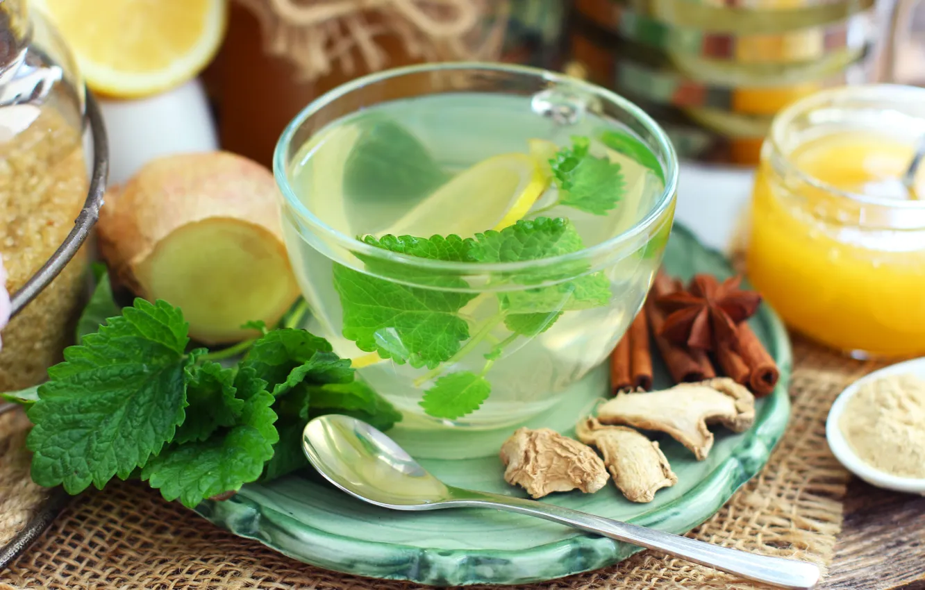 Photo wallpaper tea, honey, Cup, mint, ginger